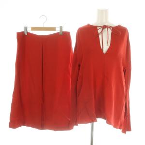 セットアップ 上下 キーネック バックオープン ブラウス 長袖 スカート ロング 44 赤 レッド