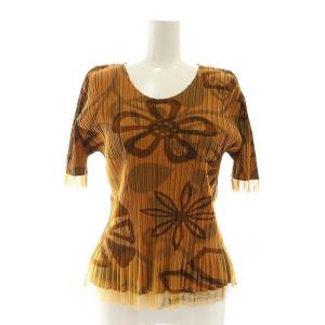 花柄チュールレイヤード風カットソー 五分袖 プリーツ 3 オレンジブラウン 茶 ダークブラウン