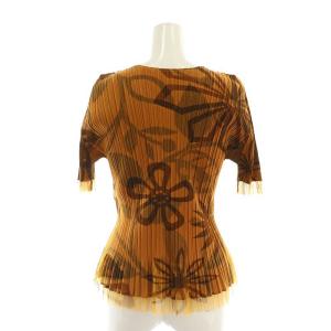 PLEATS PLEASE ISSEY MIYAKE 花柄チュールレイヤード風カットソー 五分袖 プリーツ 3 オレンジブラウン 茶 ダークブラウン