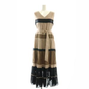 配色切替フレアワンピース ロング丈 マキシ丈 ノースリーブ Vネック ベルト付き コットン 36 S ベージュ 黒 ブラック