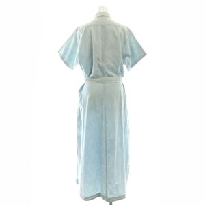 POLO RALPH LAUREN デニムシャツワンピース ロング 半袖 リネン混 リボンベルト付き M 水色 ライトブルー