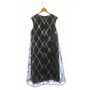 Grace Class オーガンメタリック刺繍ワンピース ひざ丈 ノースリーブ 36 紺 ネイビー /DF OS