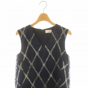 Grace Class オーガンメタリック刺繍ワンピース ひざ丈 ノースリーブ 36 紺 ネイビー /DF OS