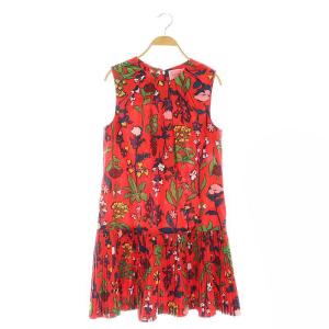 フラワーワンピース ミニ ノースリーブ プリーツ切替 S 赤 レッド マルチカラー K9723 /ES