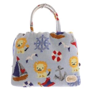 BARNEYS NEWYORK ライオン&マリン柄 手付き巾着 バッグ ハンドバッグ 水色 ブルー /SR26