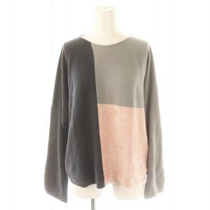 切替デザインクルーネックトップス ニット セーター 長袖 カシミヤ混 L ダークグレー グレー ピンク