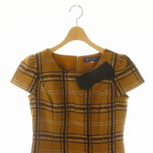 M'S GRACY リボン チェック ギャザーワンピース 膝丈 半袖 38 茶 紺 白