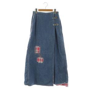 チェック デニム ロングラップスカート マキシ丈 フレア F 青 赤 ブルー レッド /MI OS