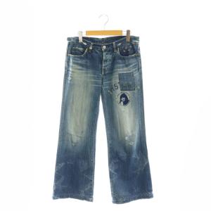 ガールプリント デニムワイドパンツ ジーンズ ダメージ加工 ワッペン ボタンフライ S 青 ブルー