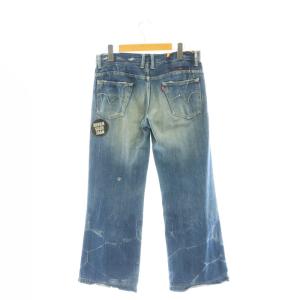 HYSTERIC GLAMOUR ガールプリント デニムワイドパンツ ジーンズ ダメージ加工 ワッペン ボタンフライ S 青 ブルー