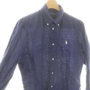 RALPH LAUREN シャツ 長袖 ポニー刺繍 ボタンダウン リネン M 紺 ネイビー