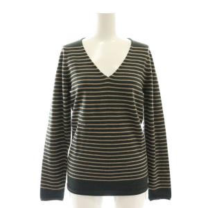 ウールボーダーニット セーター 長袖 Vネック 38 深緑 ダークグリーン グレージュ