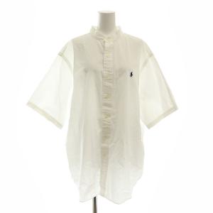 バンドカラー 半袖シャツ 七分袖 フロントボタン ロゴ XL 白 ホワイト