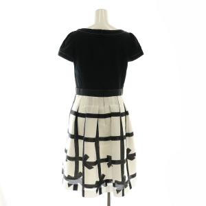 M'S GRACY リボン柄切り替えワンピース 膝丈 半袖 38 黒 白 ブラック ホワイト