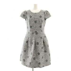 花柄 ツイードワンピース 半袖 ミモレ ロング 40 黒 白 ブラック ホワイト /NR OS