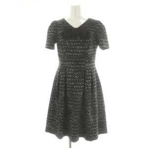 カメリアプリント リボンワンピース ひざ丈 半袖 36 黒 ブラック