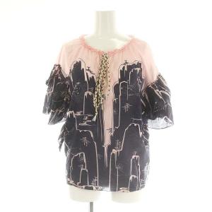 フリル 総柄 半袖 カットソー 半袖 プルオーバー コットン 40 L ピンク 紺 ネイビー /YQ OS