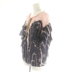 VIVIENNE TAM フリル 総柄 半袖 カットソー 半袖 プルオーバー コットン 40 L ピンク 紺 ネイビー /YQ OS