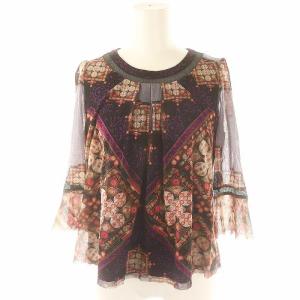 ブラウス カットソー プルオーバー パワーネット 総柄 七分袖 メシュ切替 38 紫 マルチカラー