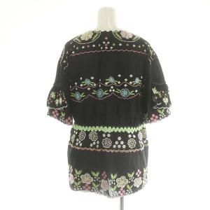 VIVIENNE TAM 花柄刺繍 フリル ブラウス シャツ 半袖 スキッパー プルオーバー コットン 38 M 黒 ブラック マルチカラー