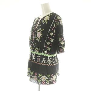 VIVIENNE TAM 花柄刺繍 フリル ブラウス シャツ 半袖 スキッパー プルオーバー コットン 38 M 黒 ブラック マルチカラー
