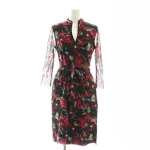 パワーネット 花柄 チャイナ ラップワンピース 七分袖 膝丈 ナイロン 0 黒 ブラック