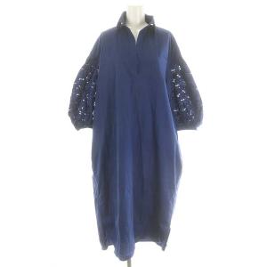 レースパフスリーブワンピース ロング 八分袖 F 青 ブルー