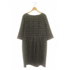 千鳥柄 タックワンピース ロング 七分袖 46 黒 青 ?