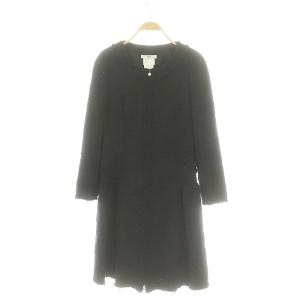 ツイード ノーカラーロングコート ダブルジップ アウター パール コットン 36 S 紺 ネイビー