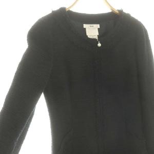 René ツイード ノーカラーロングコート ダブルジップ アウター パール コットン 36 S 紺 ネイビー