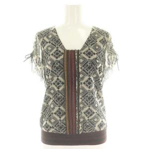 カットソー パワーネット 肩ギャザー 柄 半袖 XS 黒 アイボリー マルチカラー /ES OS