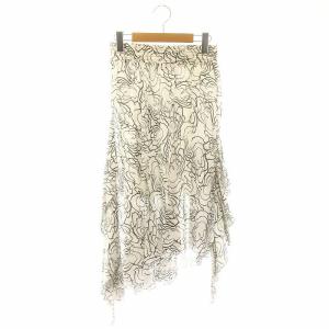 フレアスカート フリル 総柄 ミモレロング38 M 白 ホワイト 黒 ブラック