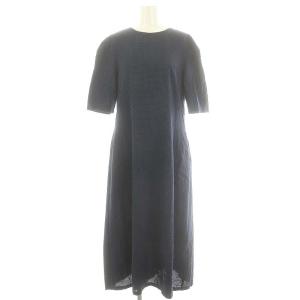 サッカーギンガムデザインワンピース ロング 五分袖 バックオープン 38 紺 黒 ネイビー ブラック /ES