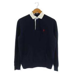 ポニー刺繍 衿付き 裏起毛プルオーバー スウェット ポロシャツ 長袖 XS 紺 ネイビー
