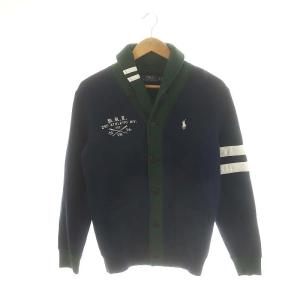 裏起毛 ショールカラー カーディガン 長袖 ロゴ コットン XS 紺 ネイビー 緑 グリーン /YQ OS