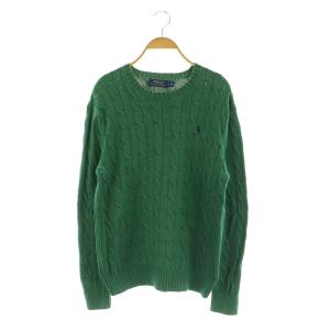 ポニー刺繍 ケーブルニット セーター 長袖 クルーネック コットン M 緑 グリーン