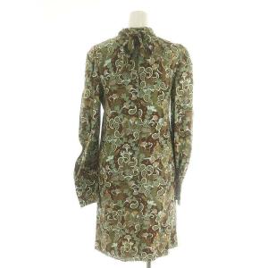 Chloe ボタニカル柄ボウタイワンピース ひざ丈 長袖 34 S 茶 ブラウン 緑 グリーン