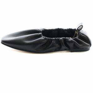 PELLICO SUNNY サニー アンクルストラップフラットシューズ  ギャザー ローヒール スクエアトゥ レザー 37 23.5?p 黒