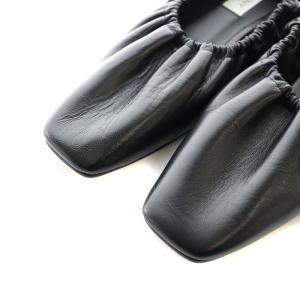 PELLICO SUNNY サニー アンクルストラップフラットシューズ  ギャザー ローヒール スクエアトゥ レザー 37 23.5?p 黒