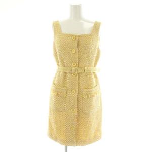 23SS リボンヤーンツイードワンピース ひざ丈 ノースリーブ ベルト付き 36 ピンク 黄 イエロー