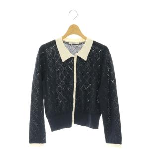 24SS プレイドパターンポロ カーディガン プルオーバー 長袖 透かし編み 36 S バイカラー 紺