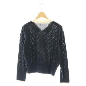 ANAYI 24SS プレイドパターンポロ カーディガン プルオーバー 長袖 透かし編み 36 S バイカラー 紺