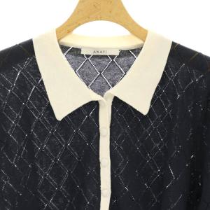 ANAYI 24SS プレイドパターンポロ カーディガン プルオーバー 長袖 透かし編み 36 S バイカラー 紺