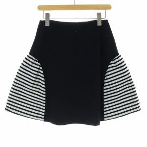 BORDERS at BALCONY ウールカシミヤ膝丈スカート フレア ボーダー 36 S 黒 ブラック 白 ホワイト