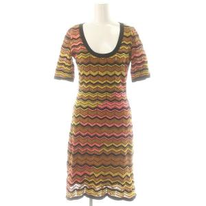 ニットワンピース ミニ 五分袖 総柄 40 茶 ブラウン /MF OS