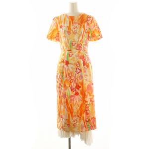 花柄 レイヤード ワンピース ロング丈 マキシ丈 半袖 コットン 38 M オレンジ マルチカラー