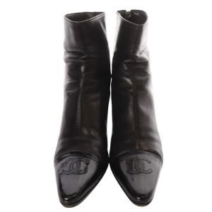 CHANEL エナメル ココマークトゥ バックジップショートブーツ 36 ブラック