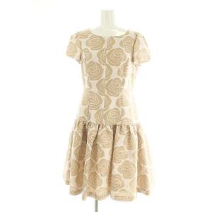 カメリア柄 ジャガード ワンピース ひざ丈 半袖 38 ベージュ 白 ホワイト