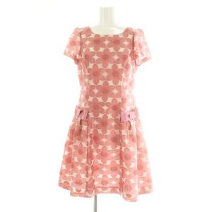 花柄 リボン ワンピース ひざ丈 半袖 38 ピンク