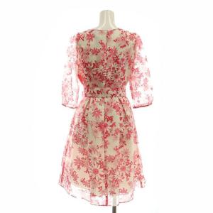 M'S GRACY 花柄チュールシアースリーブワンピース 膝丈 七分袖 リネン混 38 オフホワイト ピンク